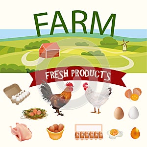 Rural Farm Landscape with Hen, Rooster and Eggs Realistic Icons. Vector Illustration
