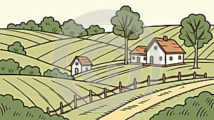 Rural Farm Landscape with Rolling Fields, vector design Generative AI