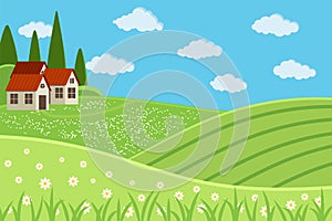 Rural farm landscape scene with houses flat design cartoon style vector illustration.
