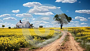 Rural farm landscape, yellow meadow, blue sky generated by AI