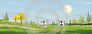 Rurale verde campo un fienile gli animali mucche mulini a vento sul collina cielo blu un nuvole vettore progettazione della pittura primavera 