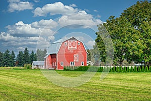 Rural Farm Red Barn Country Scene Cloudy Sky Background