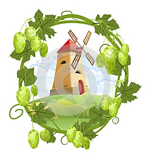 Rural farm round landscape with a mill. Frame with a branch of hops with dense leaves and cones. Sagging shoots with