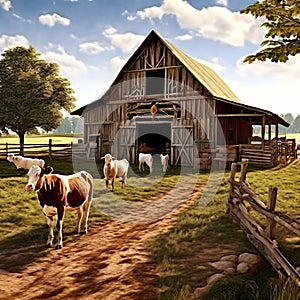 rural farm scene with barn and animals on a transparent backgou photo