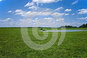 Rural farm scene with steers, farm pond and pasture in Pennsylvania, USA. photo
