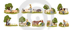 Rural farm workers caring about domestic animals. Farmers and livestock set. Feeding and breeding chickens, cow, pig photo