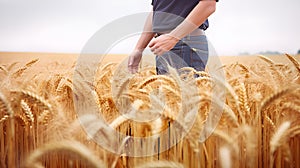 Rural farmer walking through field inspecting the wheat crop. created with Generative AI