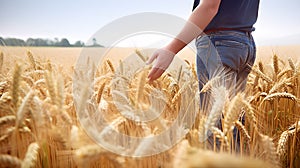 Rural farmer walking through field inspecting the wheat crop. created with Generative AI