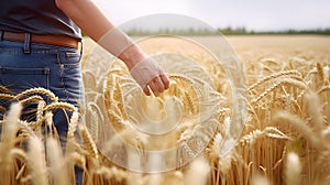 Rural farmer walking through field inspecting the wheat crop. created with Generative AI