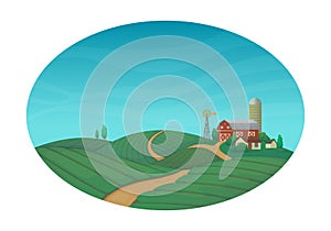 Rural farming  vector illustration. Farm house, barn, silo, windmill with bushes and trees. Green agricultural fields with a road