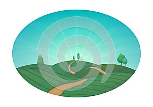 Rural farming vector illustration. Green agricultural fields with trees and a dirt road. Blue sky with clouds and sunbeams.