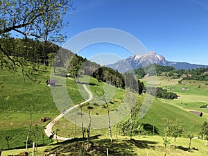 Rural farms and pastures on the slopes of the Mountain BÃ¼rgenstock Buergenstock or Burgenstock above Lake Luzerne