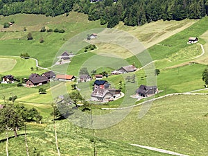 Rural farms and pastures on the slopes of the Mountain BÃ¼rgenstock Buergenstock or Burgenstock above Lake Luzerne