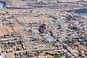 Rural Gozo island as seen from above. Aerial view of Gozo, Malta. The Rotunda of Xewkija, Casal Xeuchia is the largest in Gozo