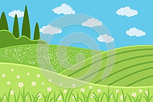Rural green landscape scene flat vector illustration.