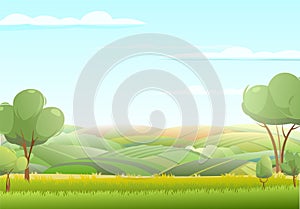 Rural harvest landscape. Farm garden and fruit trees. Foggy distance. Funny cartoon design illustration. Suburban