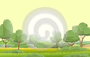 Rural harvest landscape. Light morning. Farm garden and fruit trees. Funny cartoon design illustration. Suburban