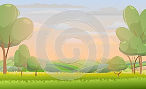 Rural harvest landscape. Morning sunrise. Farm garden and fruit trees. Funny cartoon design illustration. Suburban