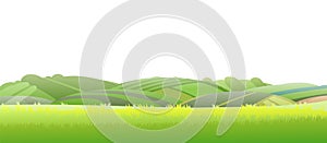 Rural hills. Farm cute landscape. Funny cartoon design illustration. Flat style. Isolated on white background. Vector.