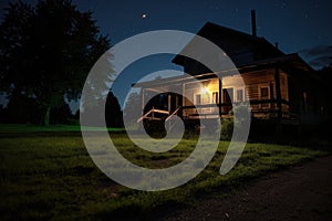 a rural house with dimmed light and fireflies hovering around