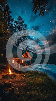 Rural house in the edge of a lake at night