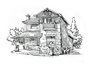 Rural house landscape. Fullsize raster artwork. Ind and pen illustration.