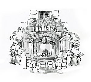 Rural house landscape. Fullsize raster artwork. Ind and pen illustration.