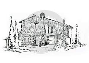 Rural house landscape. Fullsize raster artwork. Ind and pen illustration. photo
