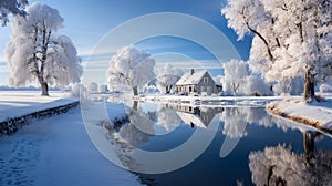 The rural house reflects with beautiful water covered with snow