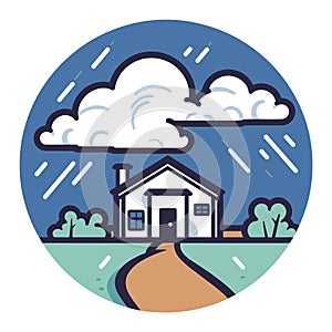 Rural house under storm clouds with rain. Farmhouse in bad weather. Cozy cottage during a downpour vector illustration