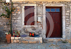 Rural house with wooden doorway(Crete, Greece)