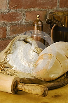 Rural kitchen with bread and flour