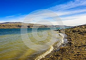 Rural lake landscape with reeds, wildlife and with blue skies and clouds