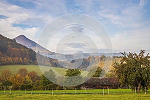 Rural landscape in an autumn foggy morning