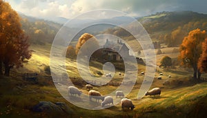 Rural landscape, autumn meadow, foggy mountain, grazing flock, old farmhouse generated by AI