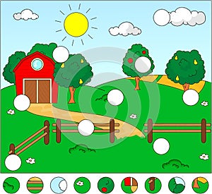 Rural landscape with barn, corral, fields and fruit trees. Complete the puzzle and find the missing parts of the picture. Vector