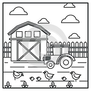 Rural landscape, barn and tractor, chickens with hen, farmland