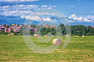 Rural landscape on a beautiful summer day, Tuscany countryside with Alps mountains and blue cloudy sky, Italy