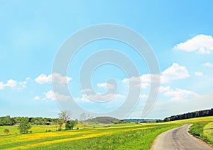 Rural landscape, blue sky background with clouds