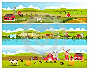 Rural landscape collection with green hills, cows, fields, tractor, barn, livestock, mill, haystack.