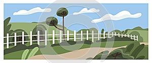 Rural landscape. Countryside nature panorama with farm pasture, farmland, grassland behind fence. Spring and summer