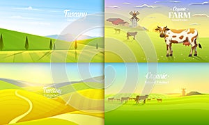 Rural landscape and cows. Farm Agriculture. Vector illustration. Poster with meadow, Countryside, retro village for info