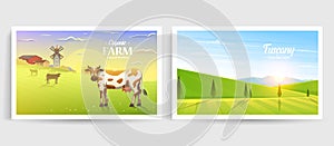 Rural landscape and cows. Farm Agriculture. Vector illustration. Poster with meadow, Countryside, retro village for info