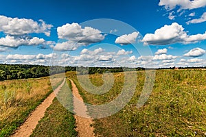 Rural landscape dirt road in the field