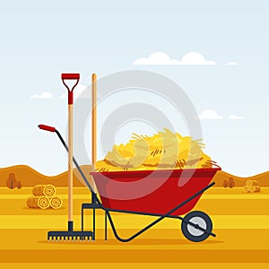 Rural landscape with dried haystacks on fields and red flat gardening wheelbarrow with bale of hay, pitchfork, rake