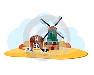 Rural landscape with Dutch windmill and farm