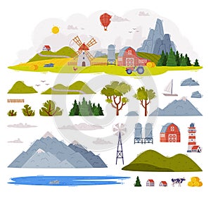 Rural Landscape Elements with Mountain, Field and Windmill Vector Set
