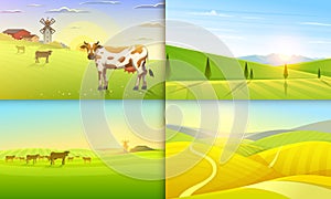 Rural landscape. Farm Agriculture. Vector illustration. Poster with meadow, Countryside, retro village for info graphic