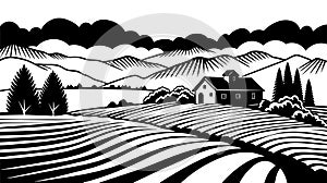 Rural landscape with farm house and fields. Engraving hand drawn vector illustration