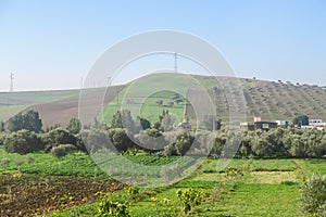 rural landscape with field and blue sky in morocco, photo as background